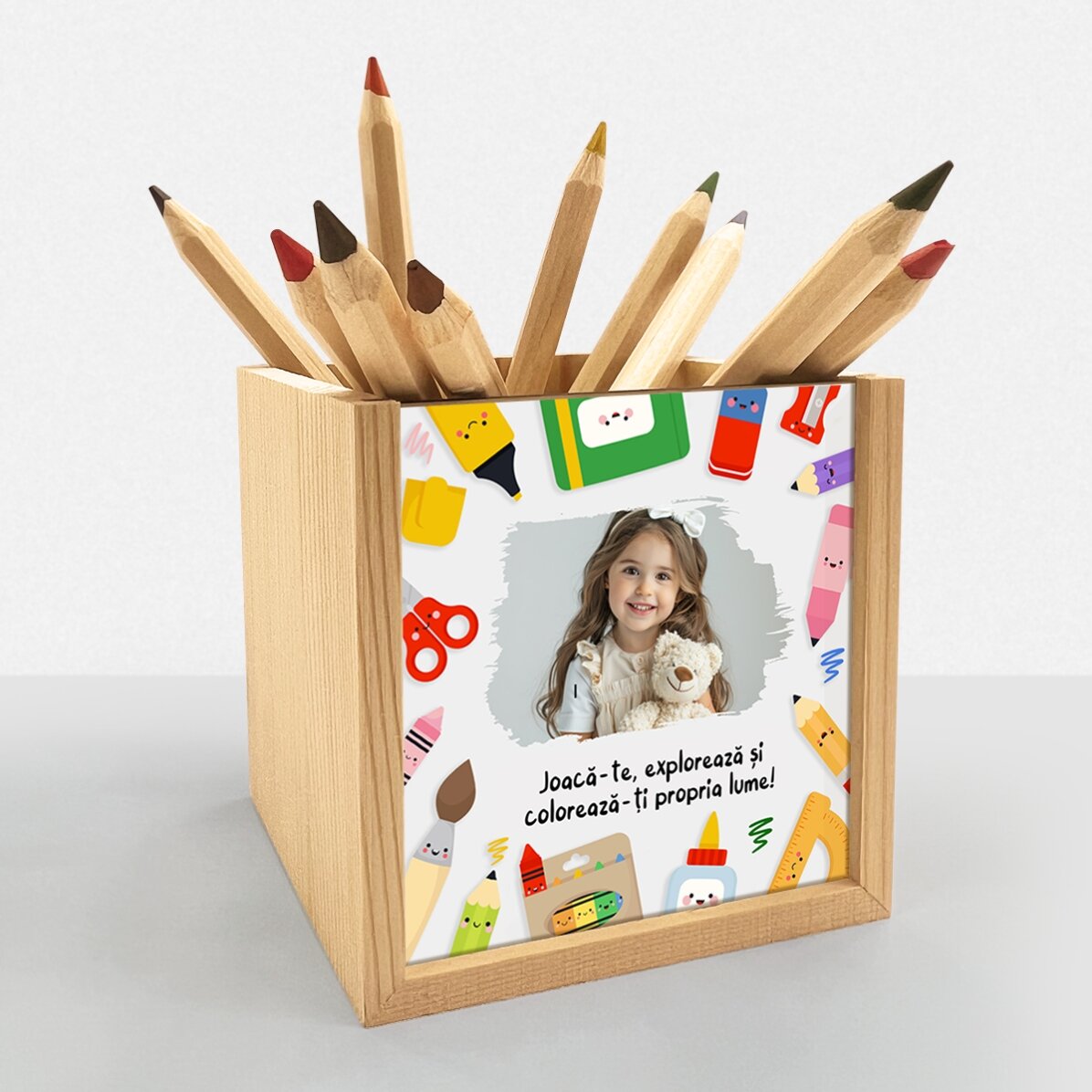 Suport pentru creioane personalizat cu poză și text - Culori