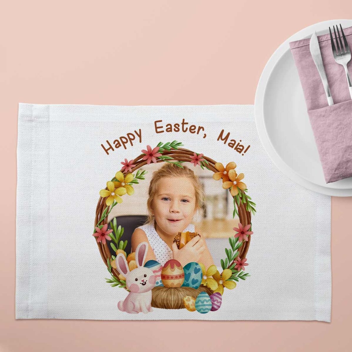 Suport pentru farfurie personalizat cu o poză și text - Paște Fericit!