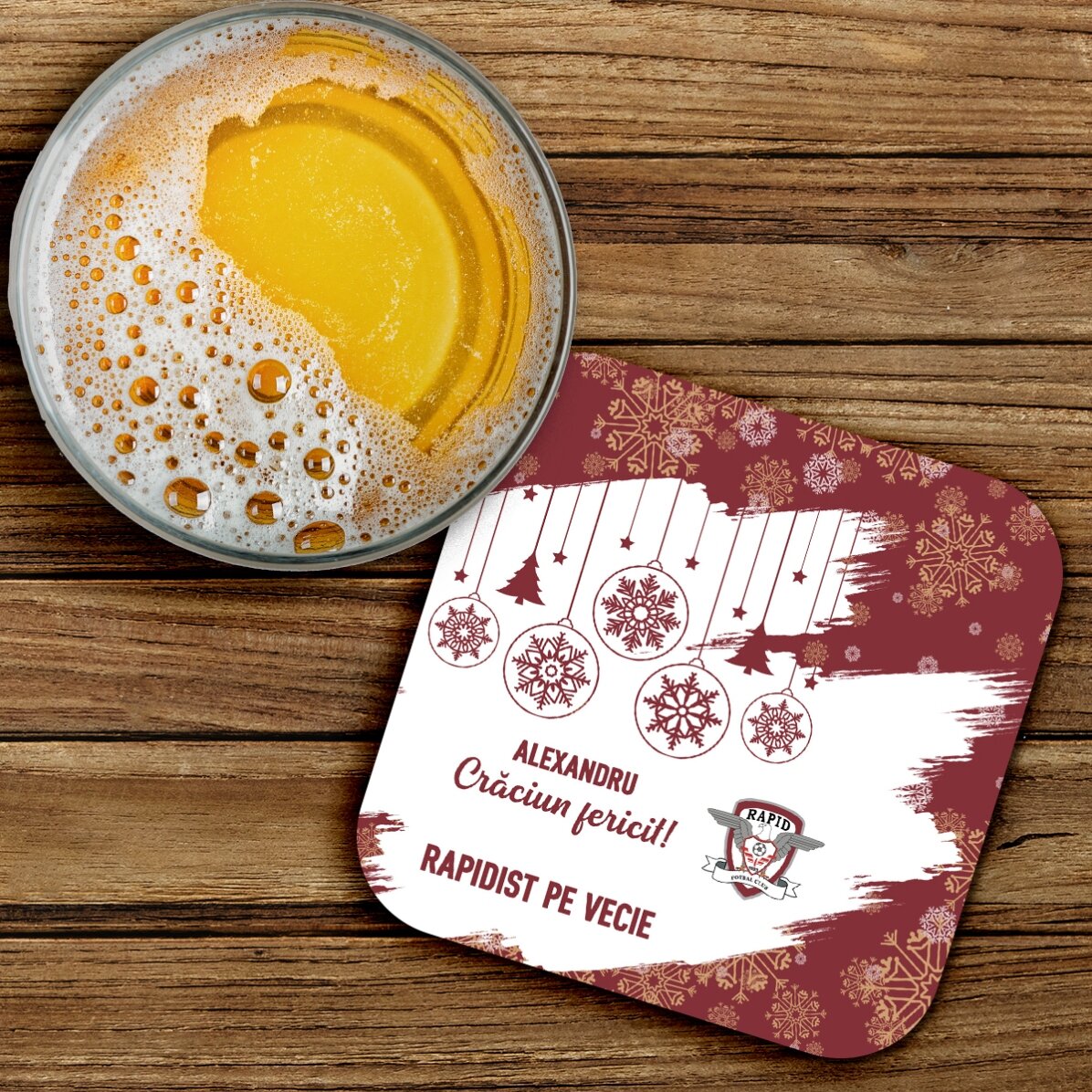 Suport pentru pahar FC Rapid personalizat cu text - Fulgi de nea și ornamente