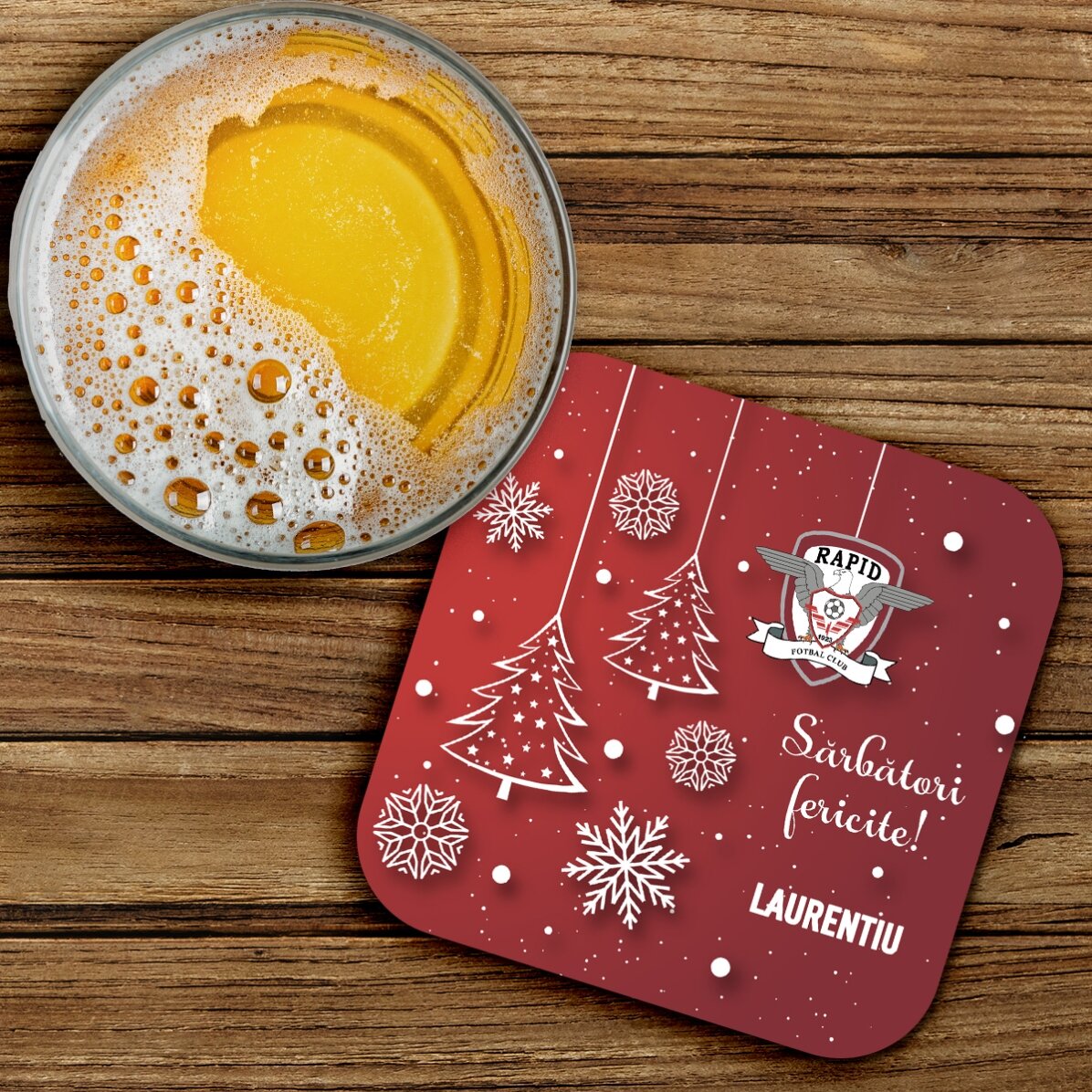 Suport pentru pahar FC Rapid personalizat cu text - Spiritul Crăciunului