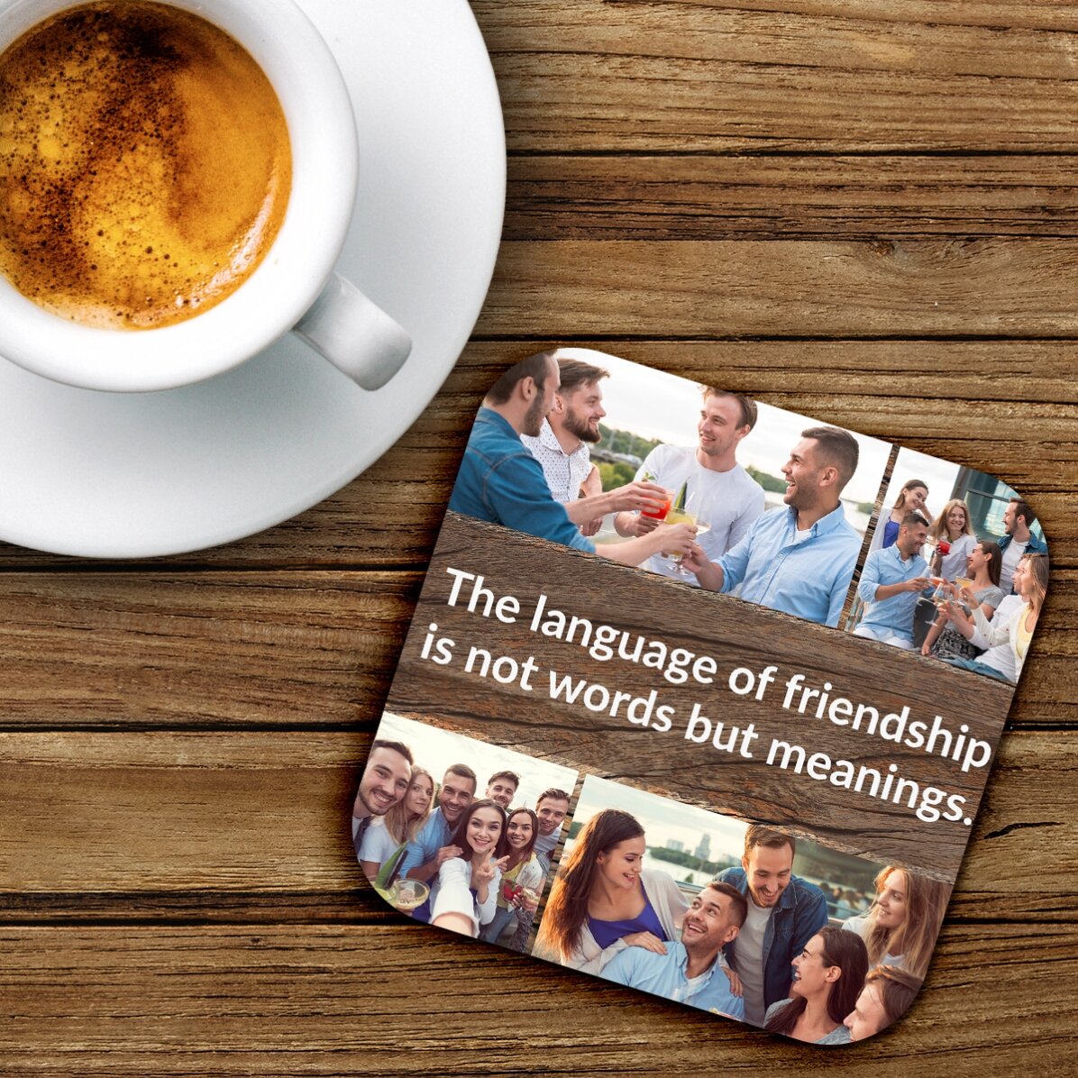 Suport pentru pahar personalizat cu 4 poze și text - Wooden