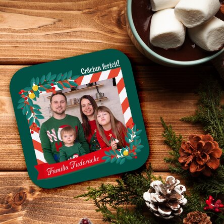 Suport pentru pahar personalizat cu o poză și text - Crăciun fericit!