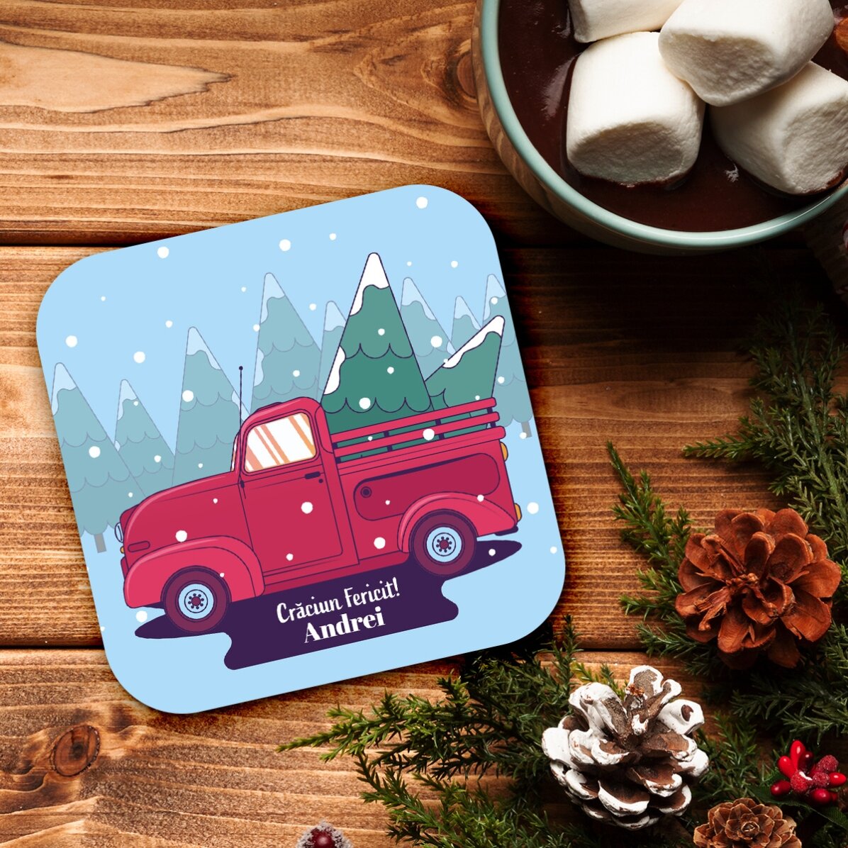Suport pentru pahar personalizat cu text - Mașină de Crăciun