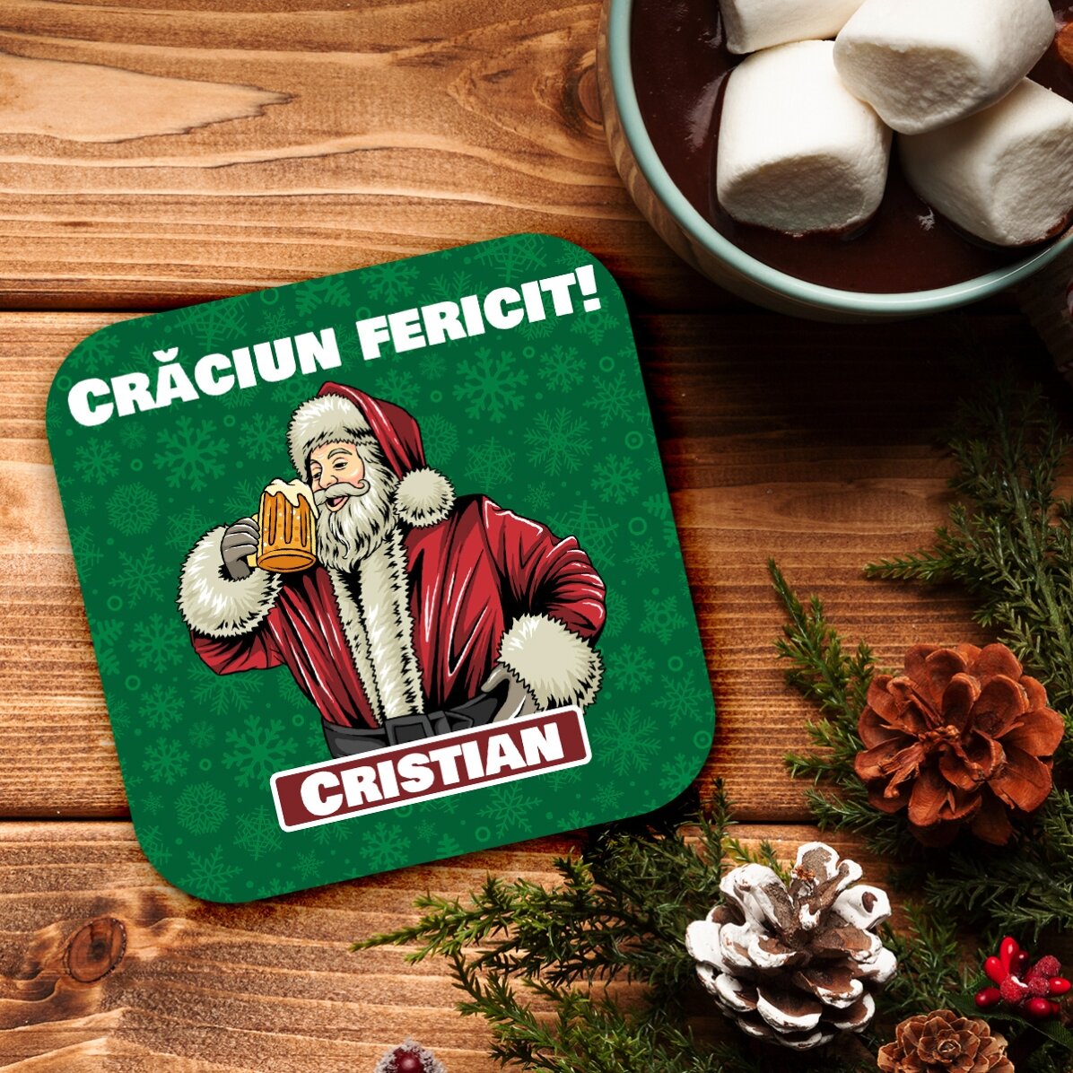 Suport pentru pahar personalizat cu text - Moș Crăciun cu bere