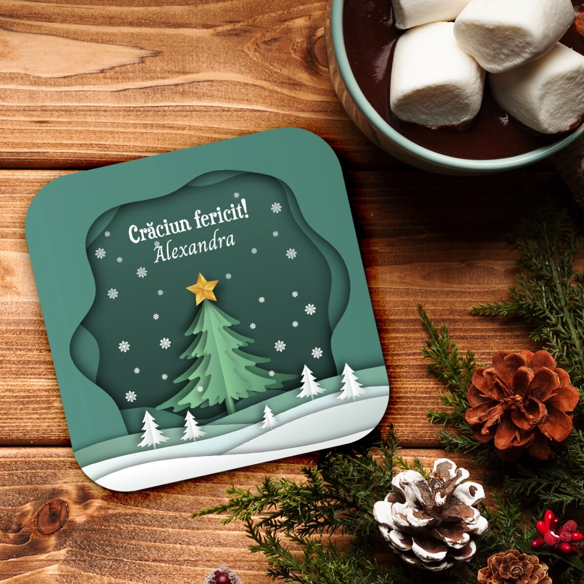 Suport pentru pahar personalizat cu text - Priveliște de Crăciun