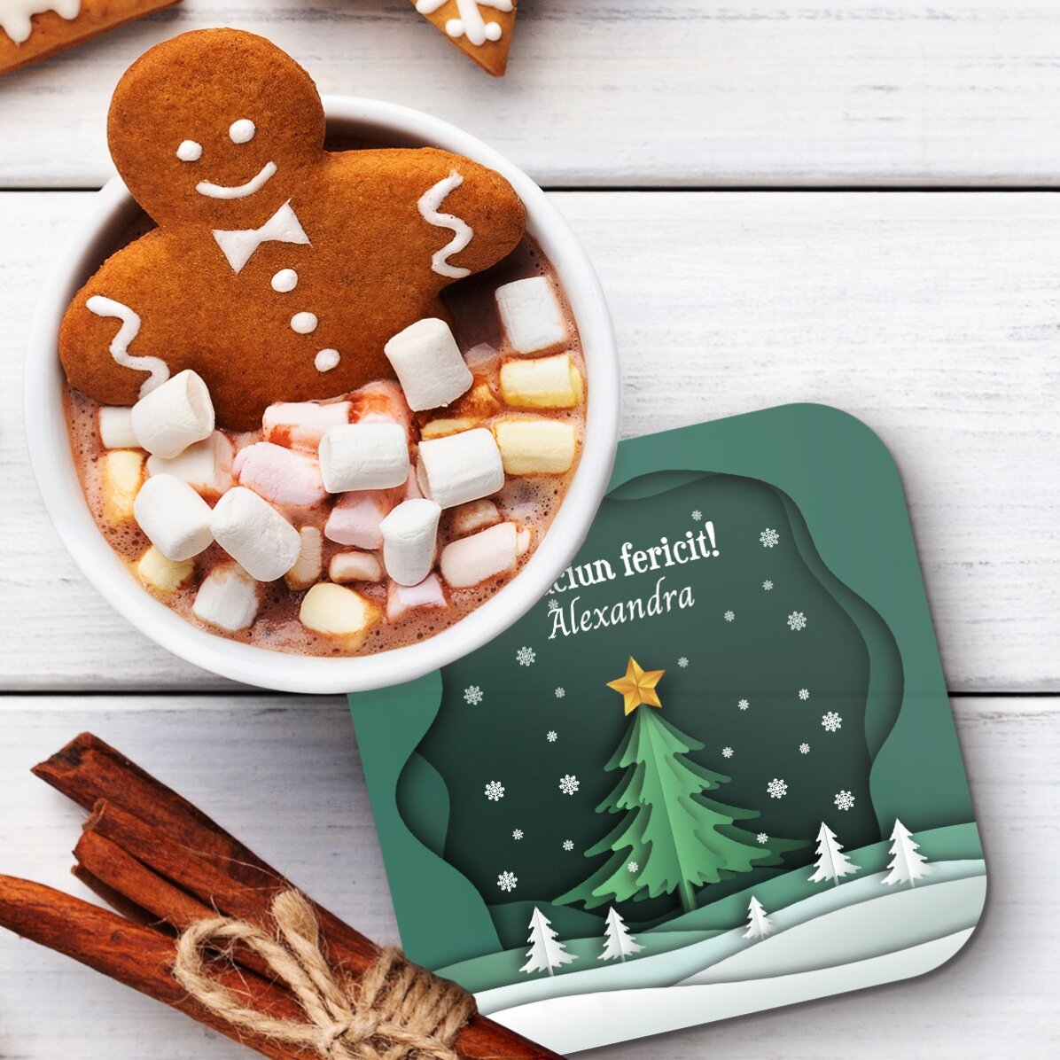 Suport pentru pahar personalizat cu text - Priveliște de Crăciun