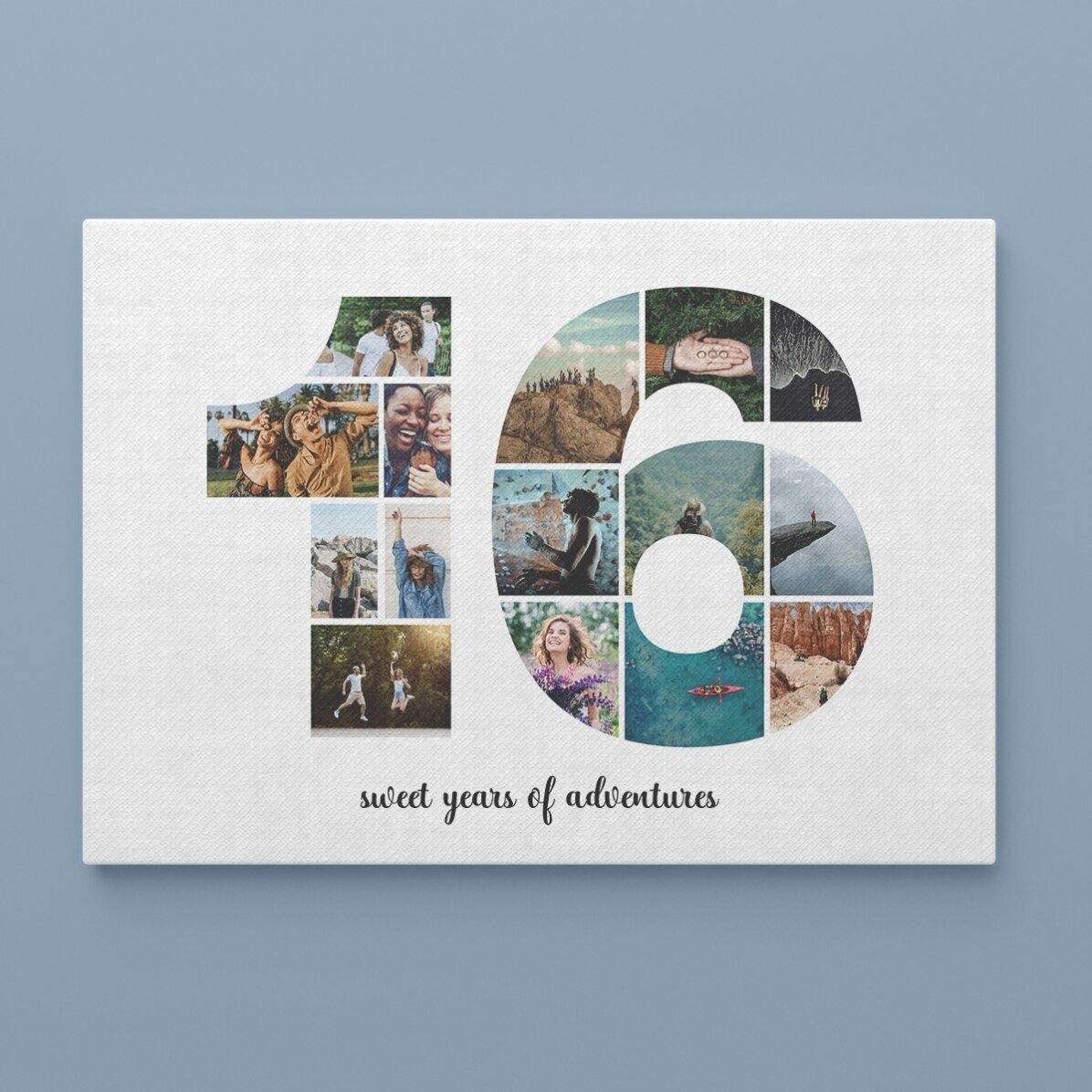 Tablou canvas landscape personalizat cu 15 poze model numărul 16 și mesaj text