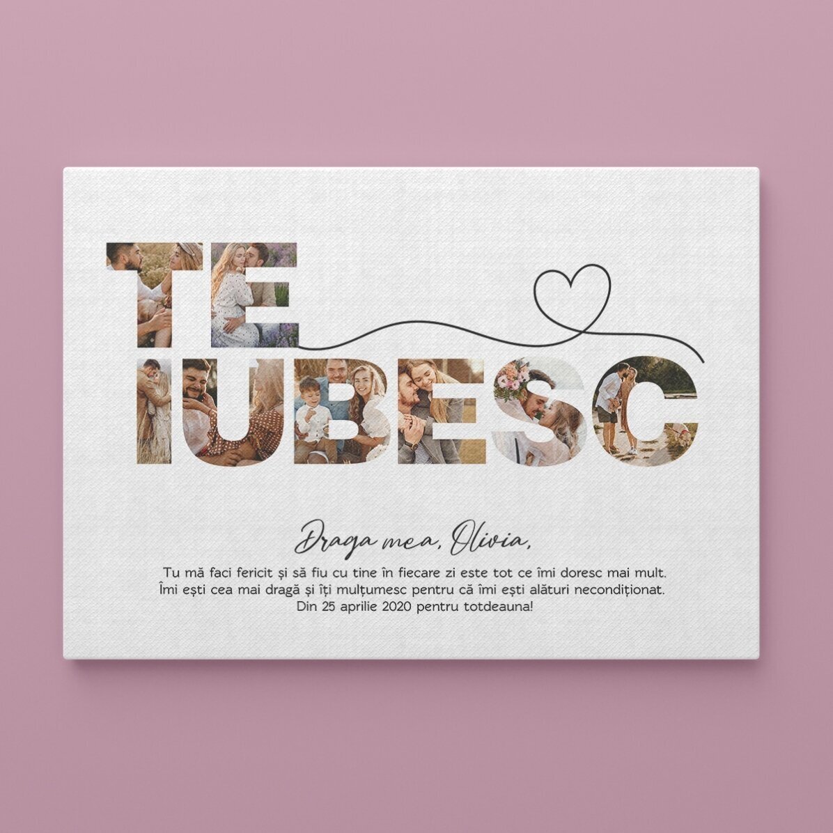 Tablou canvas landscape personalizat cu 8 poze și text - Te iubesc