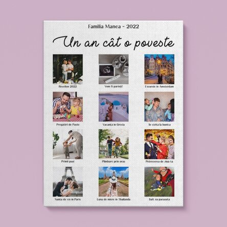 Tablou canvas personalizat cu 12 poze și text - Un an cât o poveste