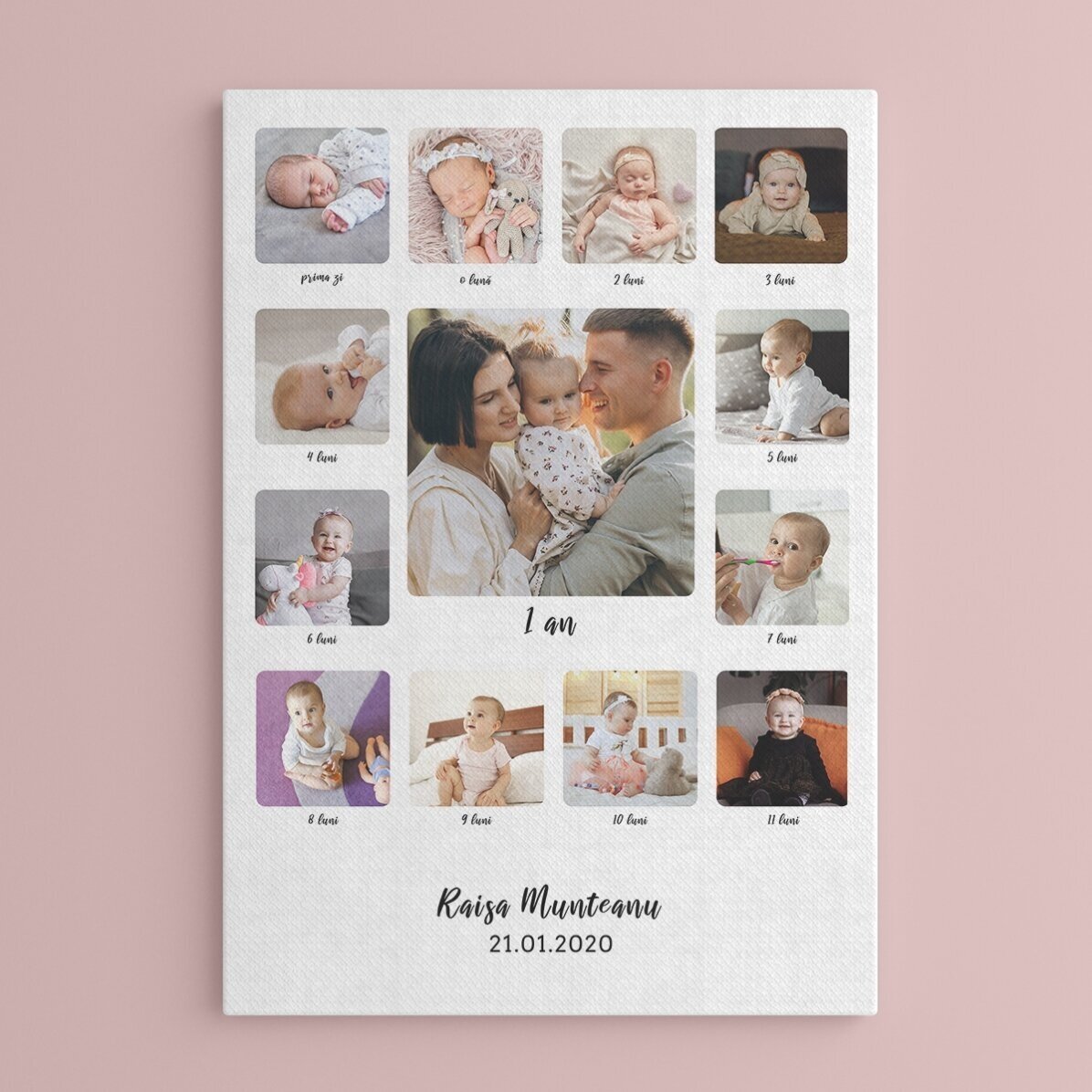 Tablou canvas personalizat cu 13 poze și text - Primul meu an