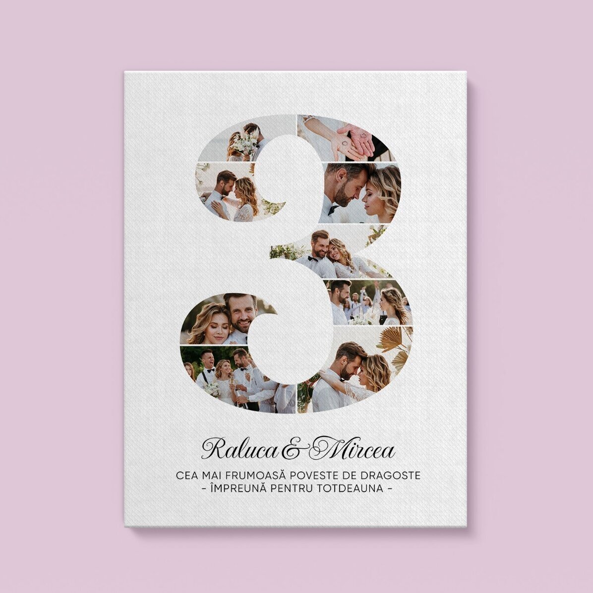 Tablou canvas personalizat cu cifra 3, fotografii și mesaj - Aniversare relație