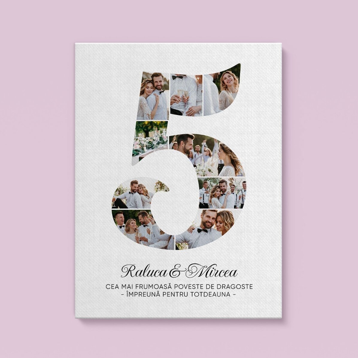 Tablou canvas personalizat cu cifra 5, fotografii și mesaj - Aniversare relație