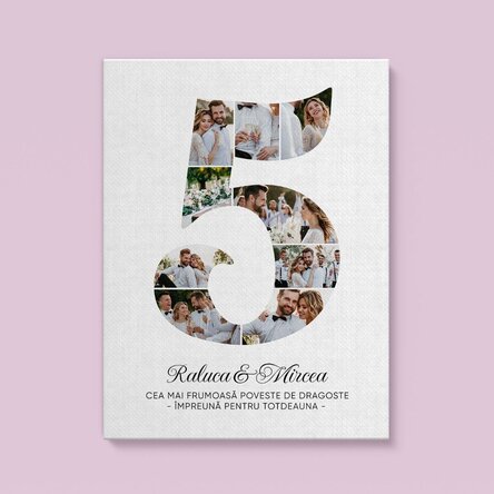 Tablou canvas personalizat cu cifra 5, fotografii și mesaj - Aniversare relație