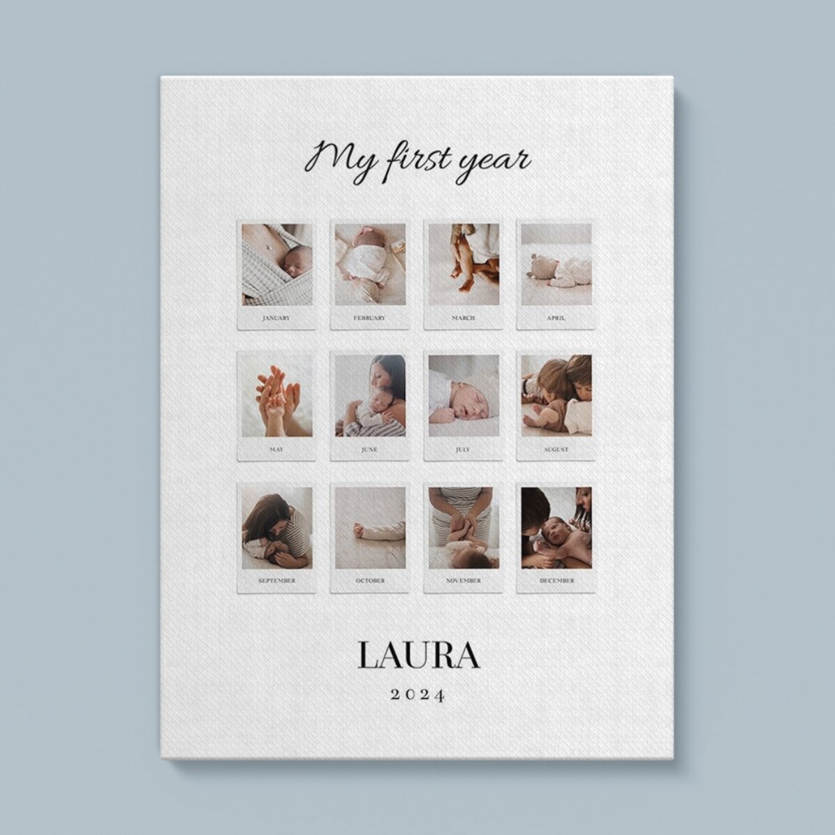 Tablou canvas personalizat cu text și 12 poze - My First Year