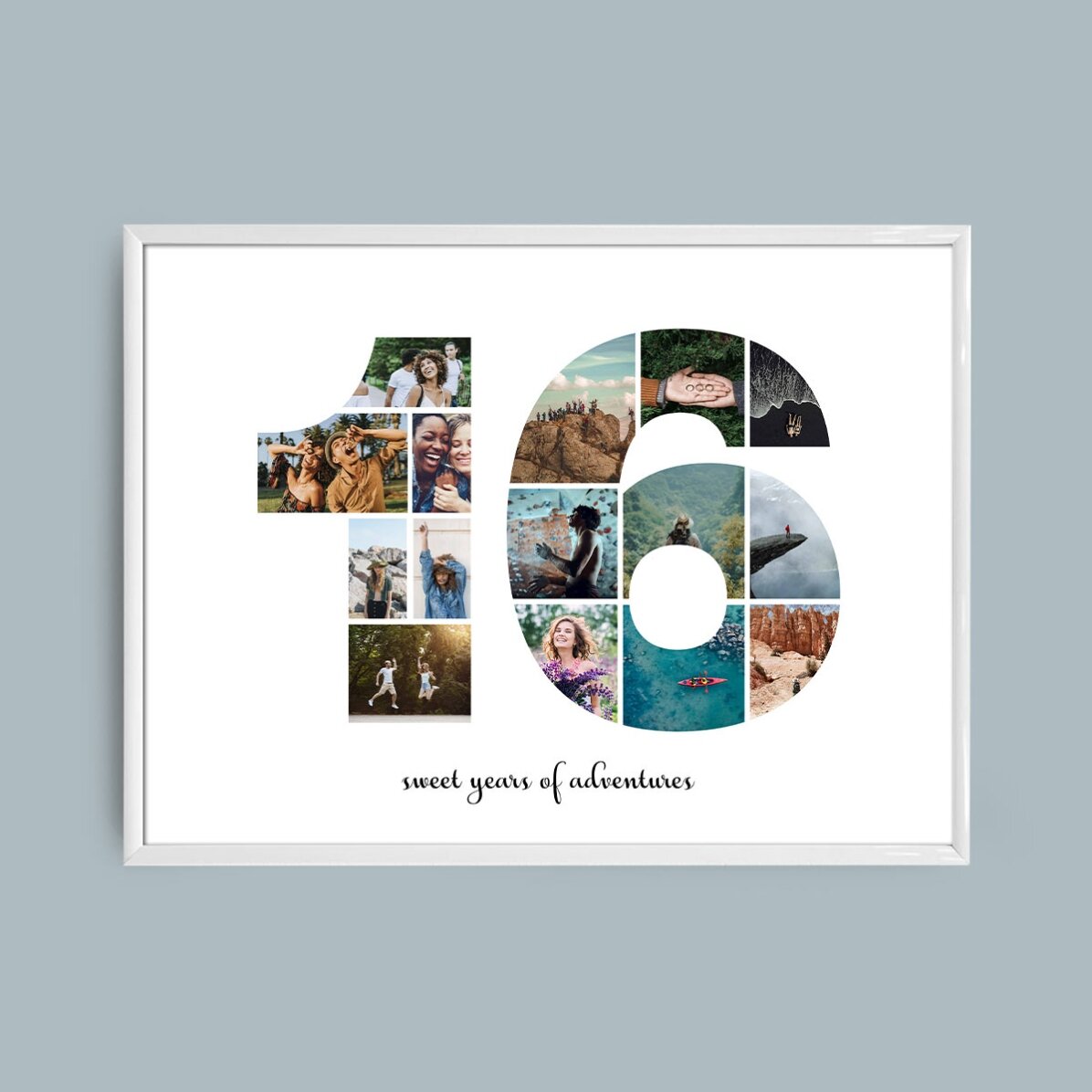 Персонализирано платно с пейзаж с 15 снимки, модел номер 16 и текстово съобщение