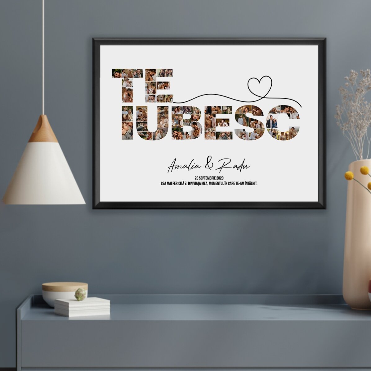 Tablou landscape personalizat cu 49 poze și text - Te iubesc