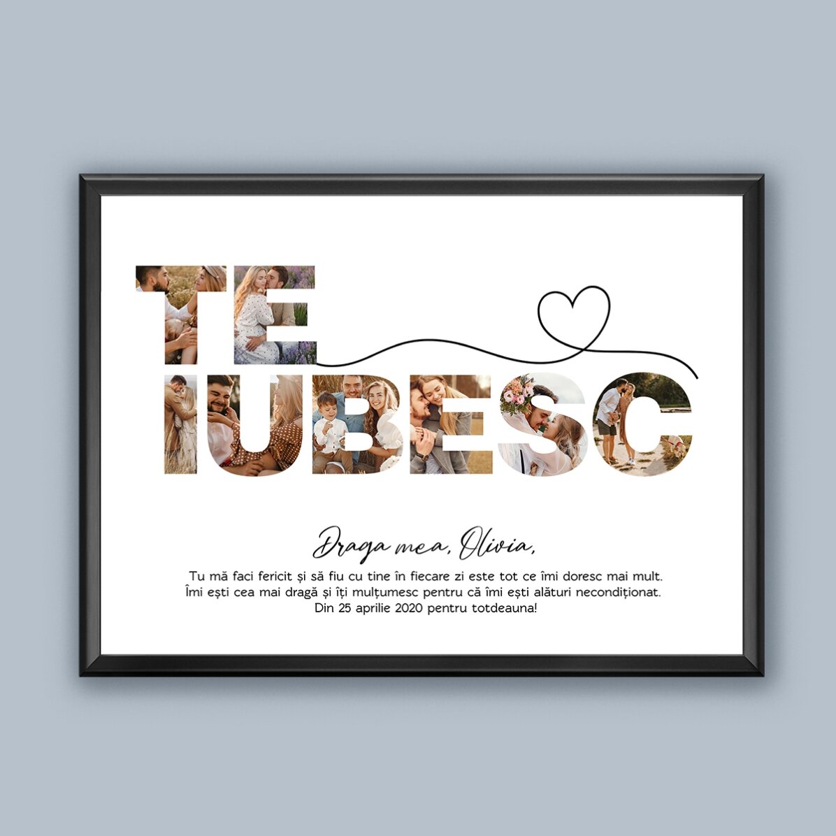 Tablou landscape personalizat cu 8 poze și text - Te iubesc