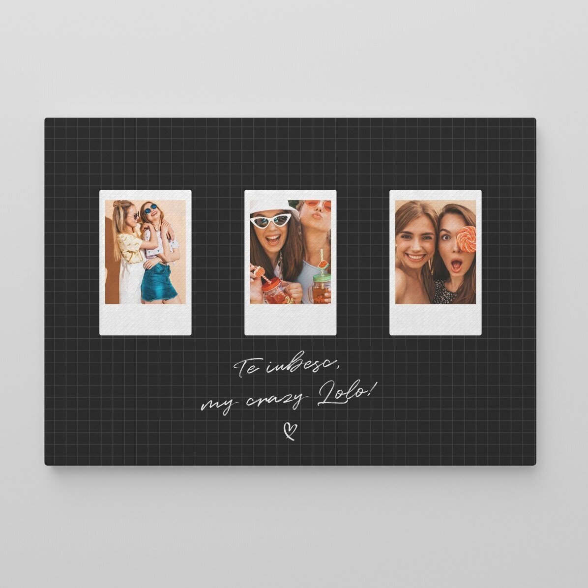 Tablou canvas personalizat cu text și 3 poze format Polaroid - Best friends