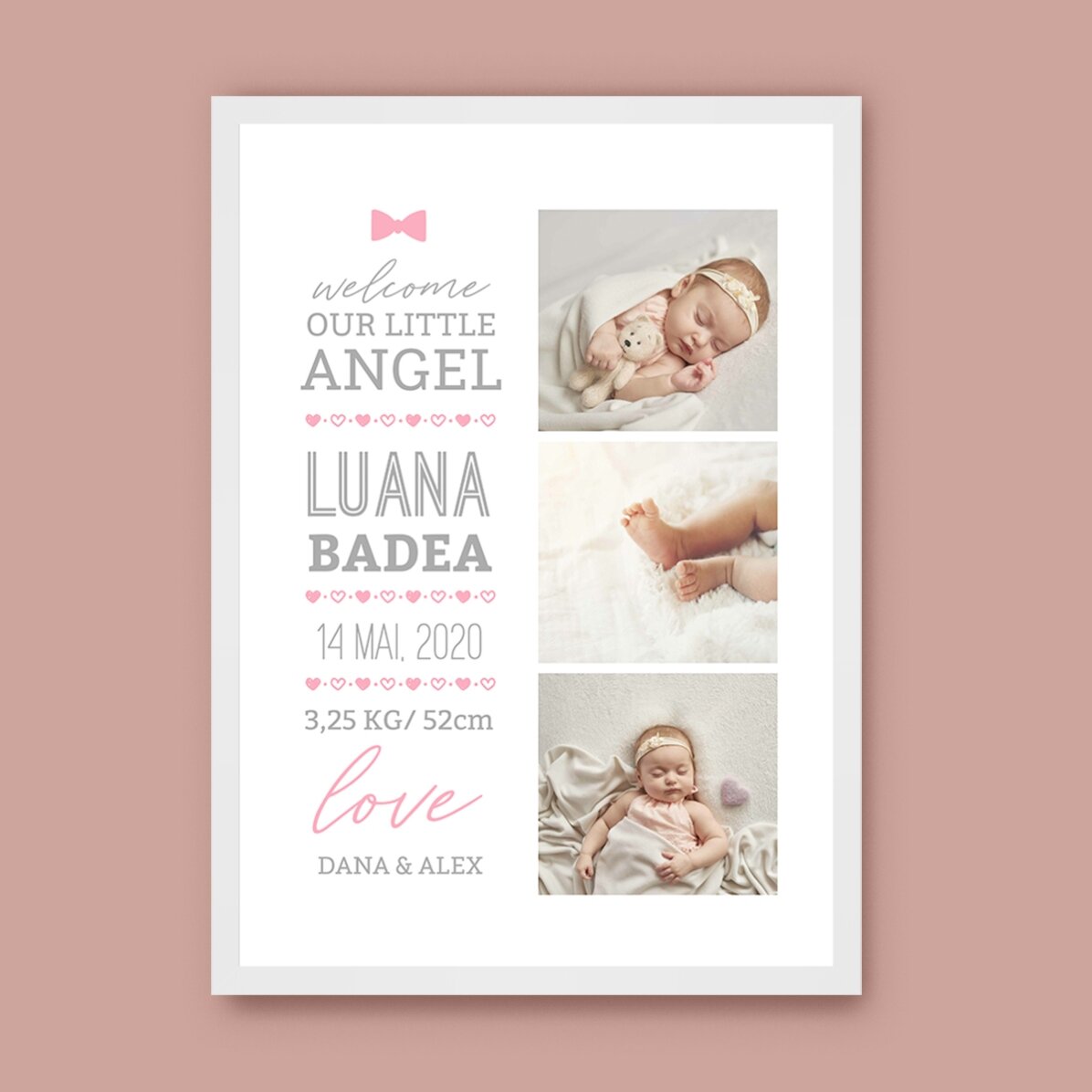 Tablou personalizat cu text și 3 poze - Hello, baby (Fată)