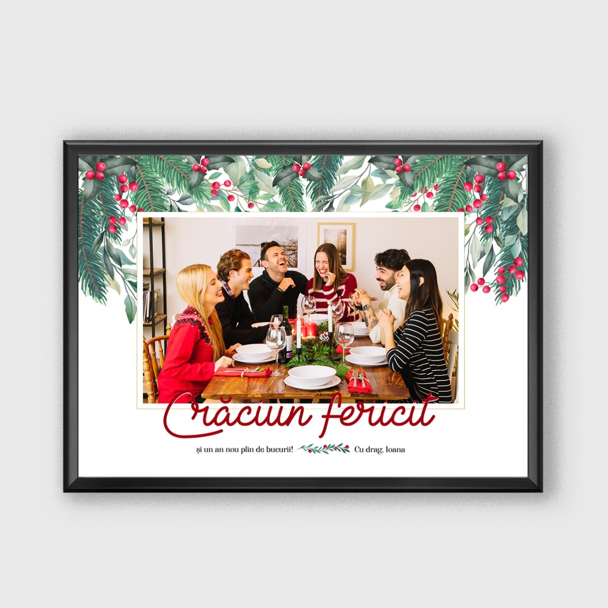 Tablou personalizat de Crăciun cu text și o poză de familie 