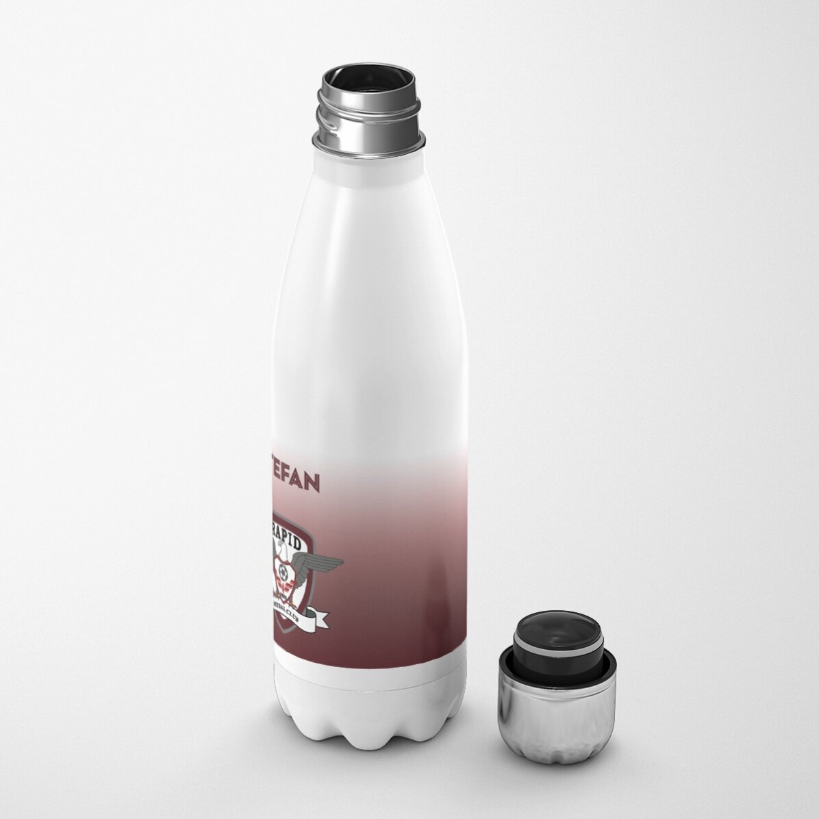 Termos cu bază albă FC Rapid personalizat cu nume și logo