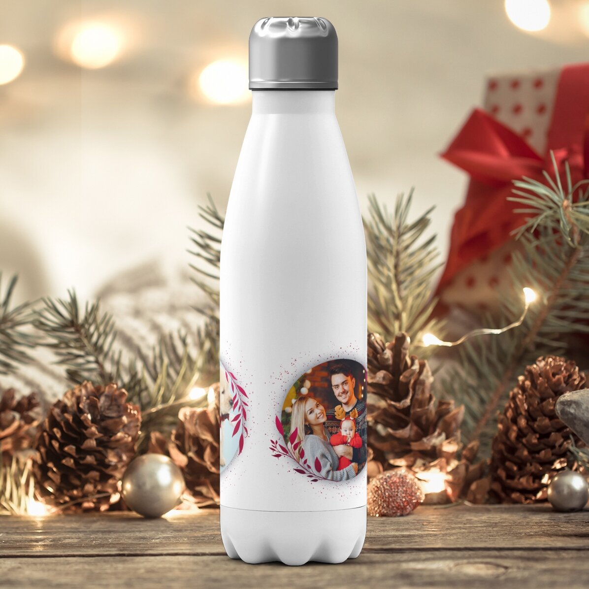 Termos cu bază albă personalizat cu 3 poze - White Christmas