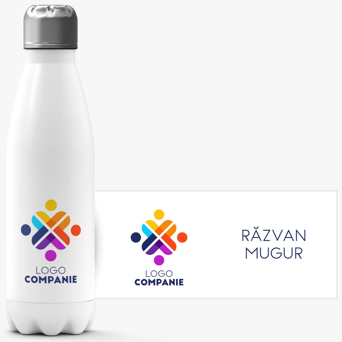 Termos cu bază albă personalizat cu logo și nume