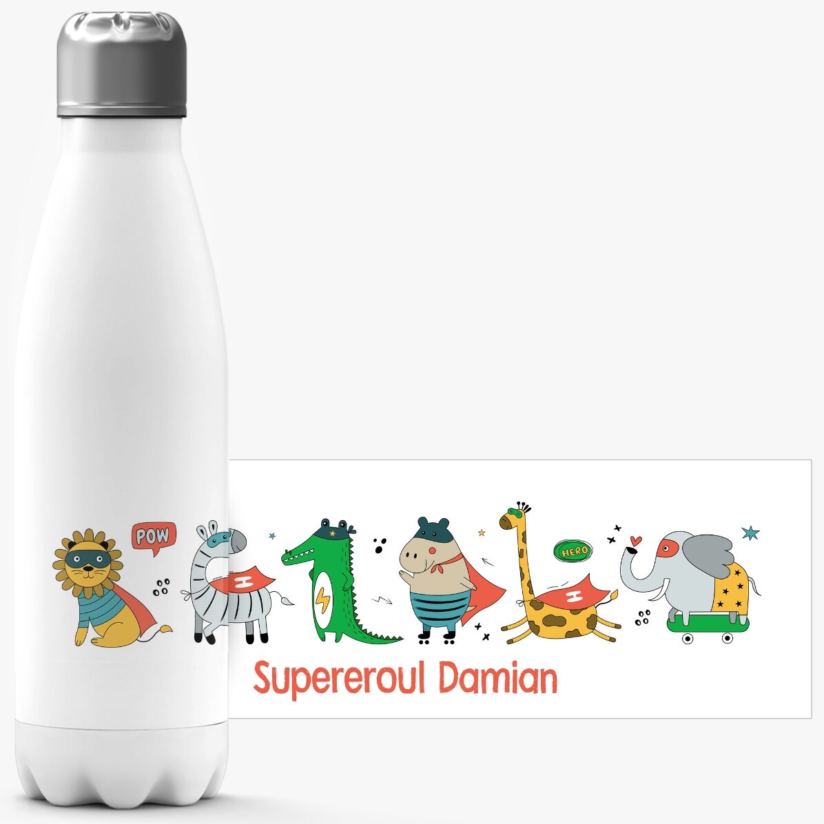 Termos cu bază albă personalizat cu mesaj - Supereroi