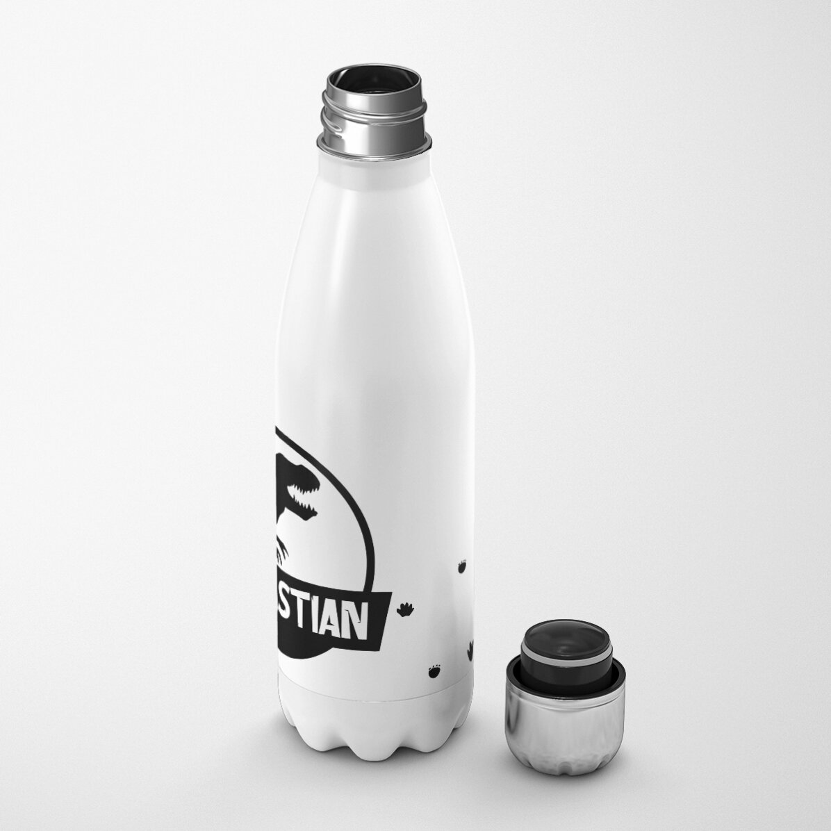 Termos cu bază albă personalizat cu nume - Dinozaur T-Rex negru