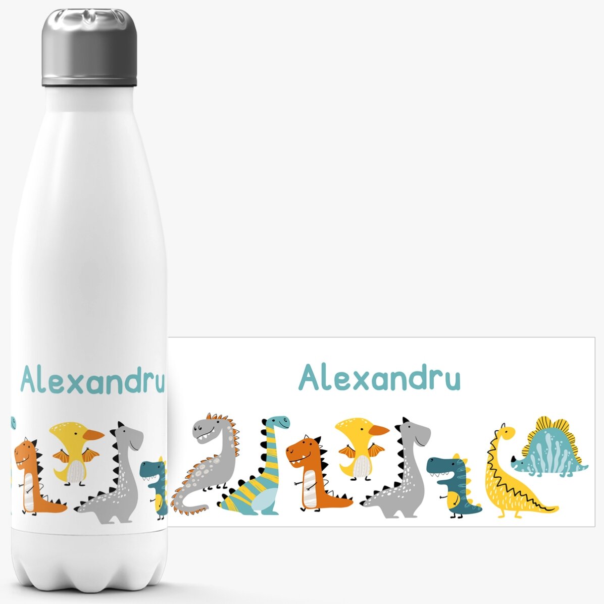 Termos cu bază albă personalizat cu nume - Dinozauri