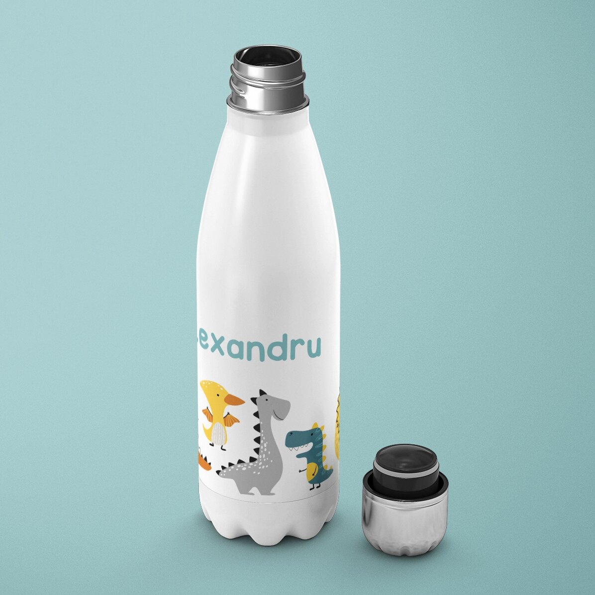 Termos cu bază albă personalizat cu nume - Dinozauri