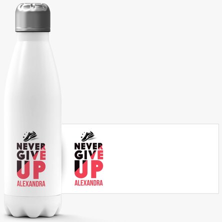Termos cu bază albă personalizat cu nume - Never give up