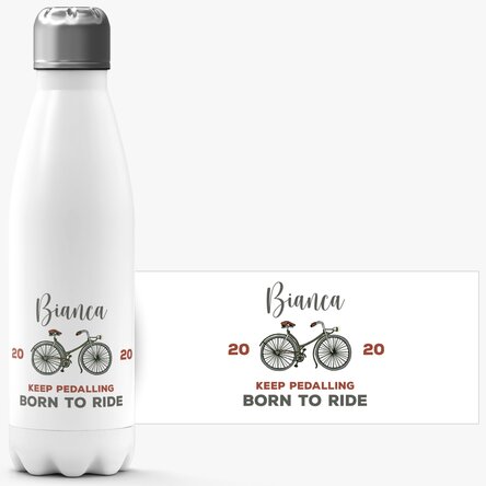 Termos cu bază albă personalizat cu nume și text - Bicicletă