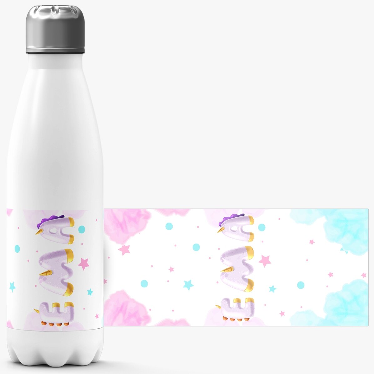 Termos cu bază albă personalizat cu nume - Unicorn special