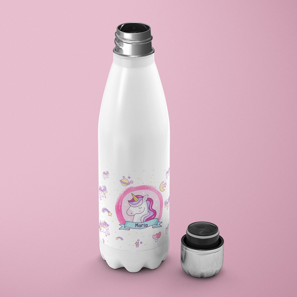 Termos cu bază albă personalizat cu nume - Unicorni