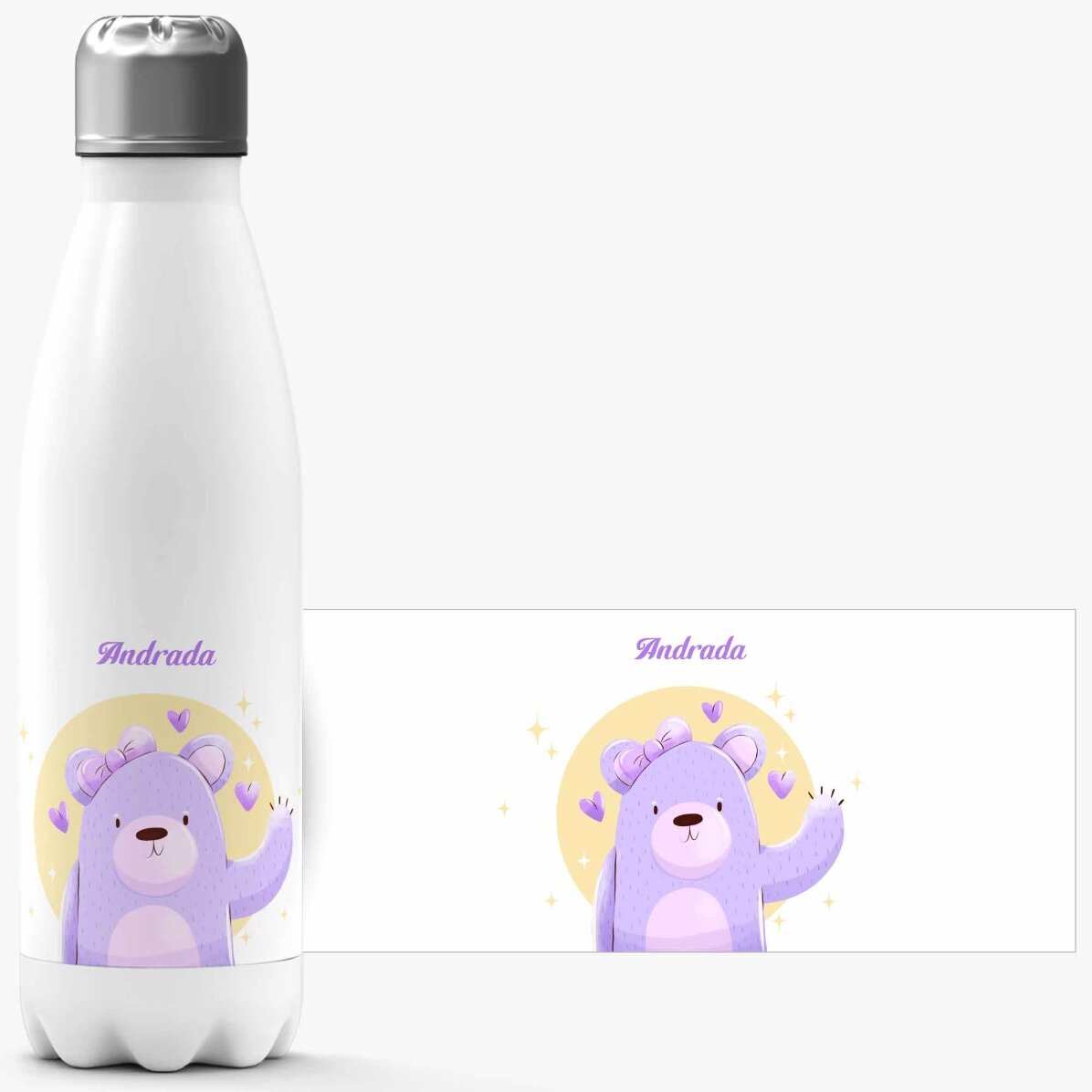 Termos cu bază albă personalizat cu nume - Ursuleț 