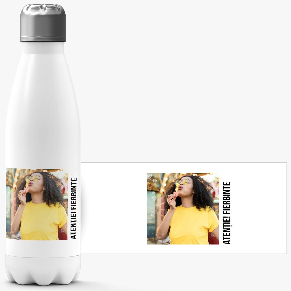 Termos cu bază albă personalizat cu o poză și text 