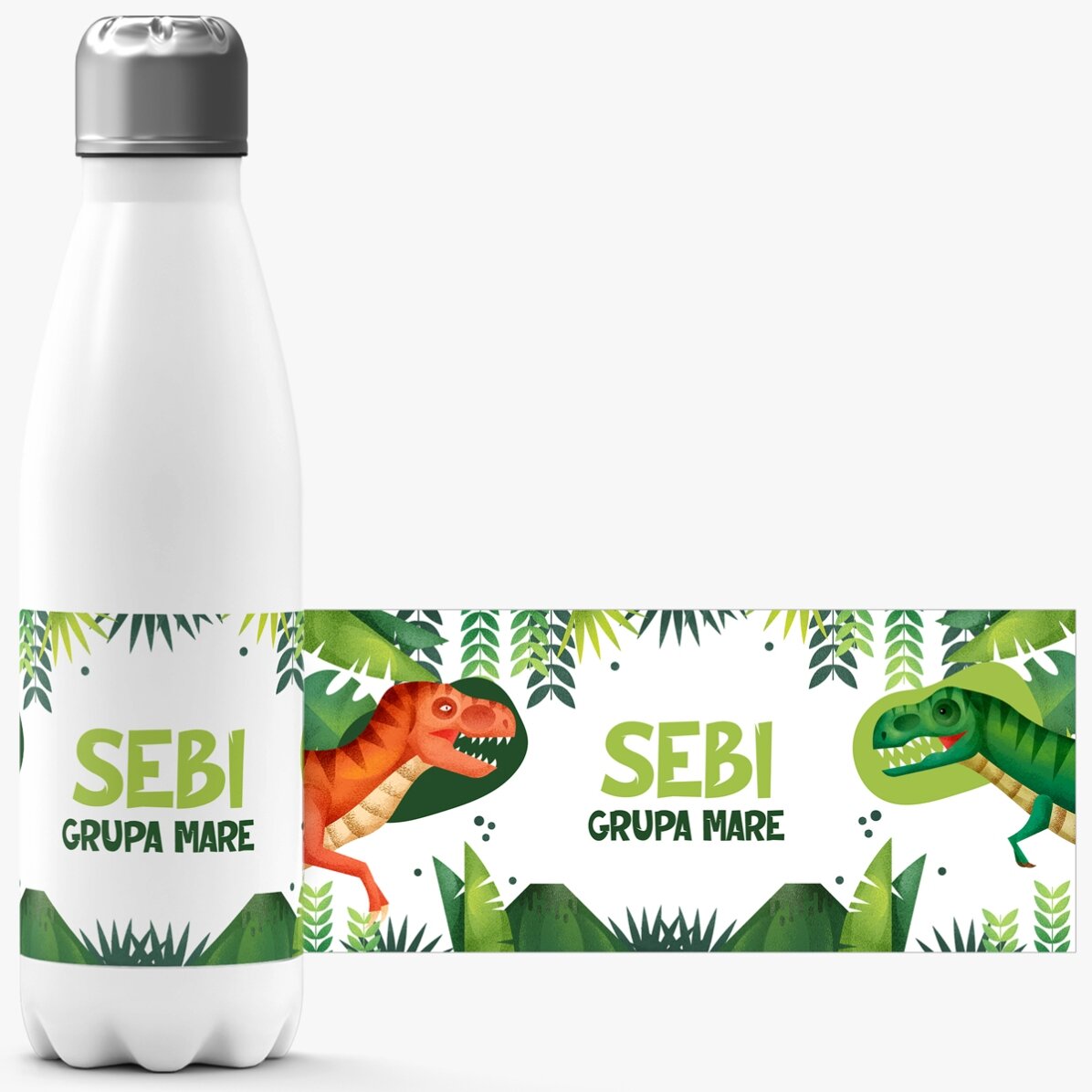 Termos cu bază albă personalizat cu text - Dinozaur T-Rex