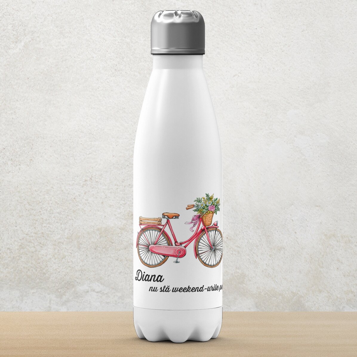 Termos cu bază albă personalizat cu text - model bicicletă retro