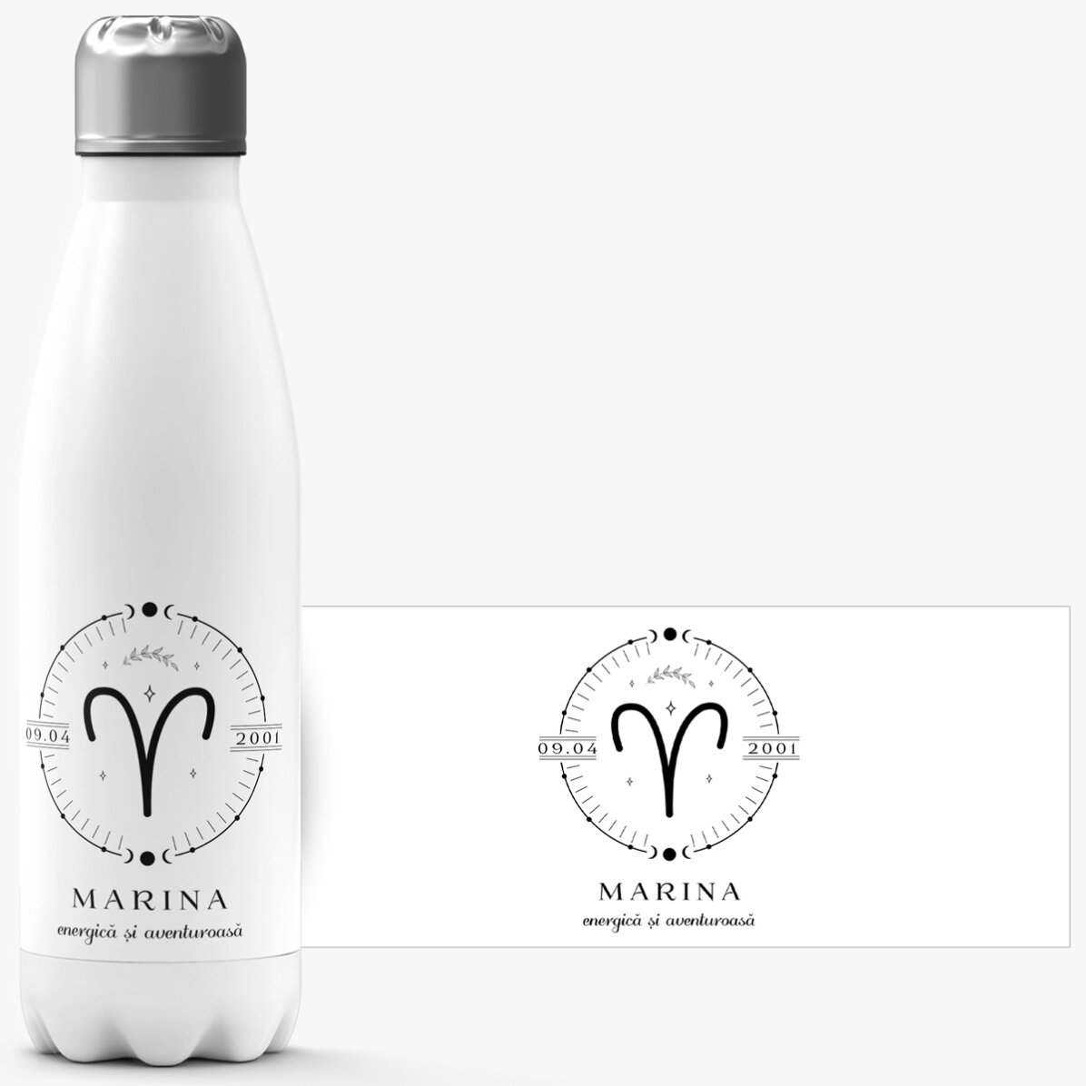 Termos cu bază albă personalizat cu text și zodia Berbec