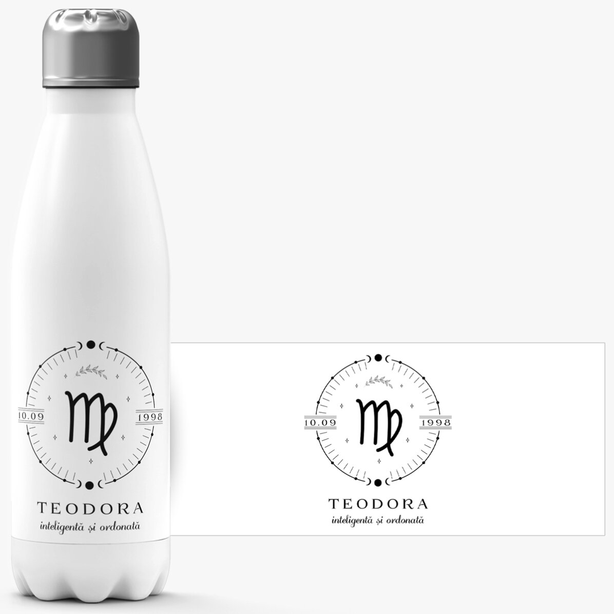 Termos cu bază albă personalizat cu text și zodia Fecioară