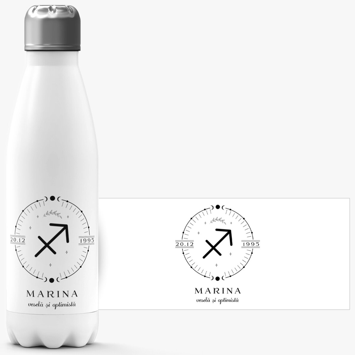 Termos cu bază albă personalizat cu text și zodia Săgetător