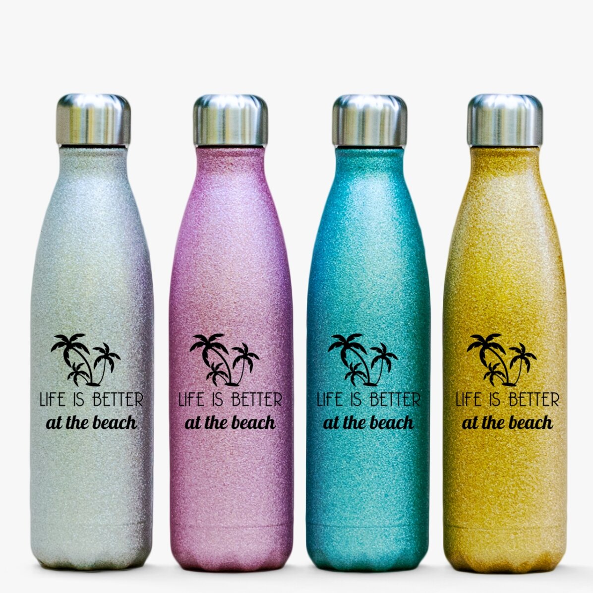 Termos cu glitter personalizat cu text - Life is better at the beach