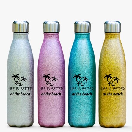 Termos cu glitter personalizat cu text - Life is better at the beach