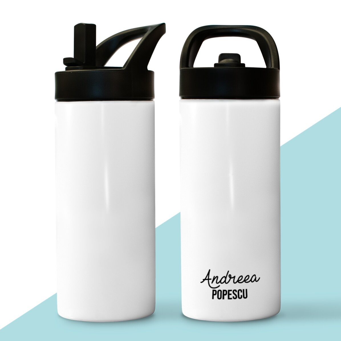 Termos cu mâner și pai personalizat cu 2 rânduri de text