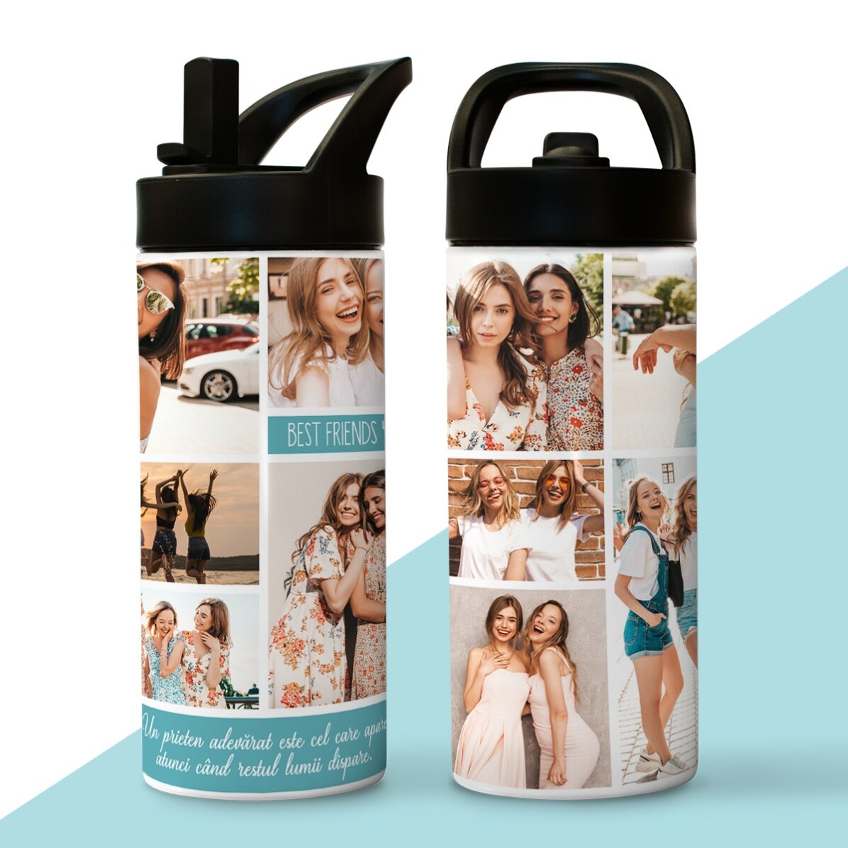 Termos cu mâner și pai personalizat cu colaj de poze și text
