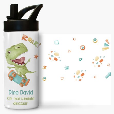 Termos cu mâner și pai personalizat cu mesaj pentru copii - Dino
