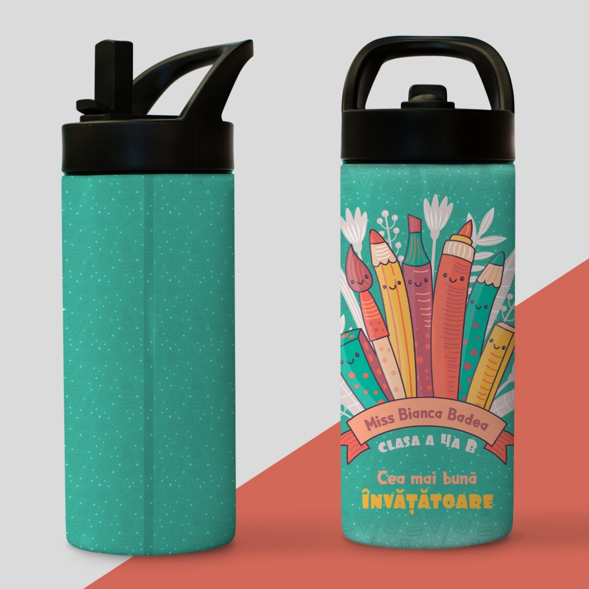 Termos cu mâner și pai personalizat cu nume - Cea mai bună învățătoare