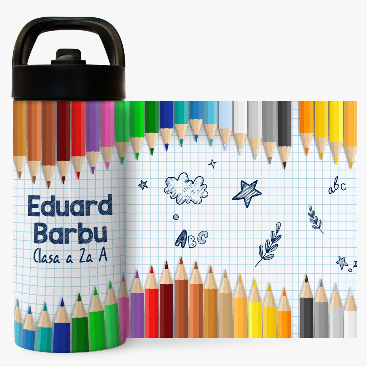 Termos cu mâner și pai personalizat cu nume - Creioane colorate