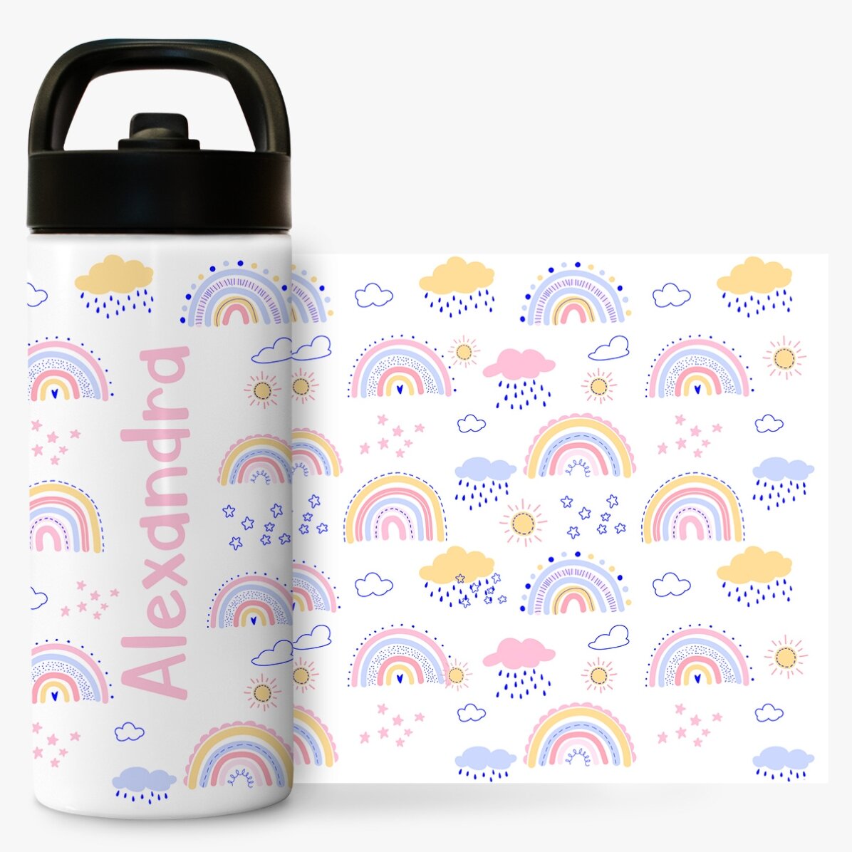 Termos cu mâner și pai personalizat cu nume - Curcubeu